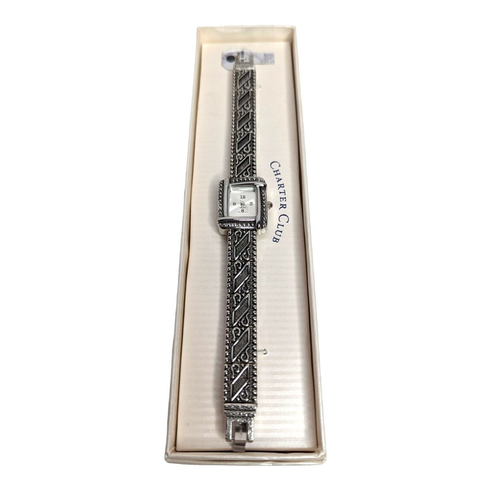 Charter Club Womens Silver‎ Tone Square Face Textured Link Watch Brand New